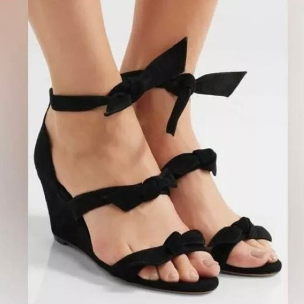 Alexandre Birman black Lolita Giana Anabela leather bow embellished wedge sz 35
